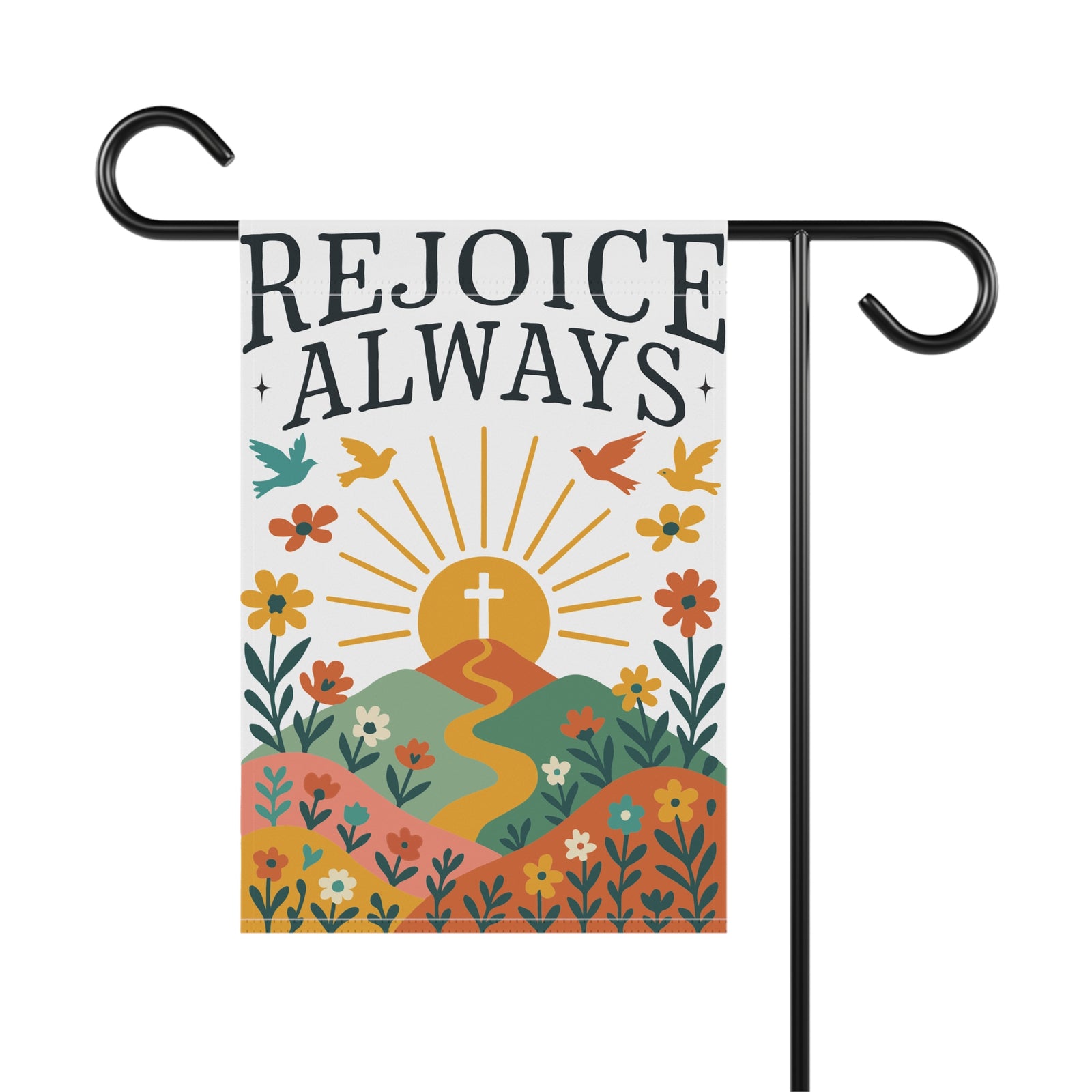 Rejoice Always Garden Flag Christian Banner with Cross & Floral Sunrise