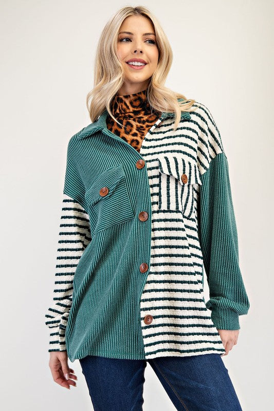 Celeste Full Size Striped Button Up Dropped Shoulder Shacket - Sydney So Sweet