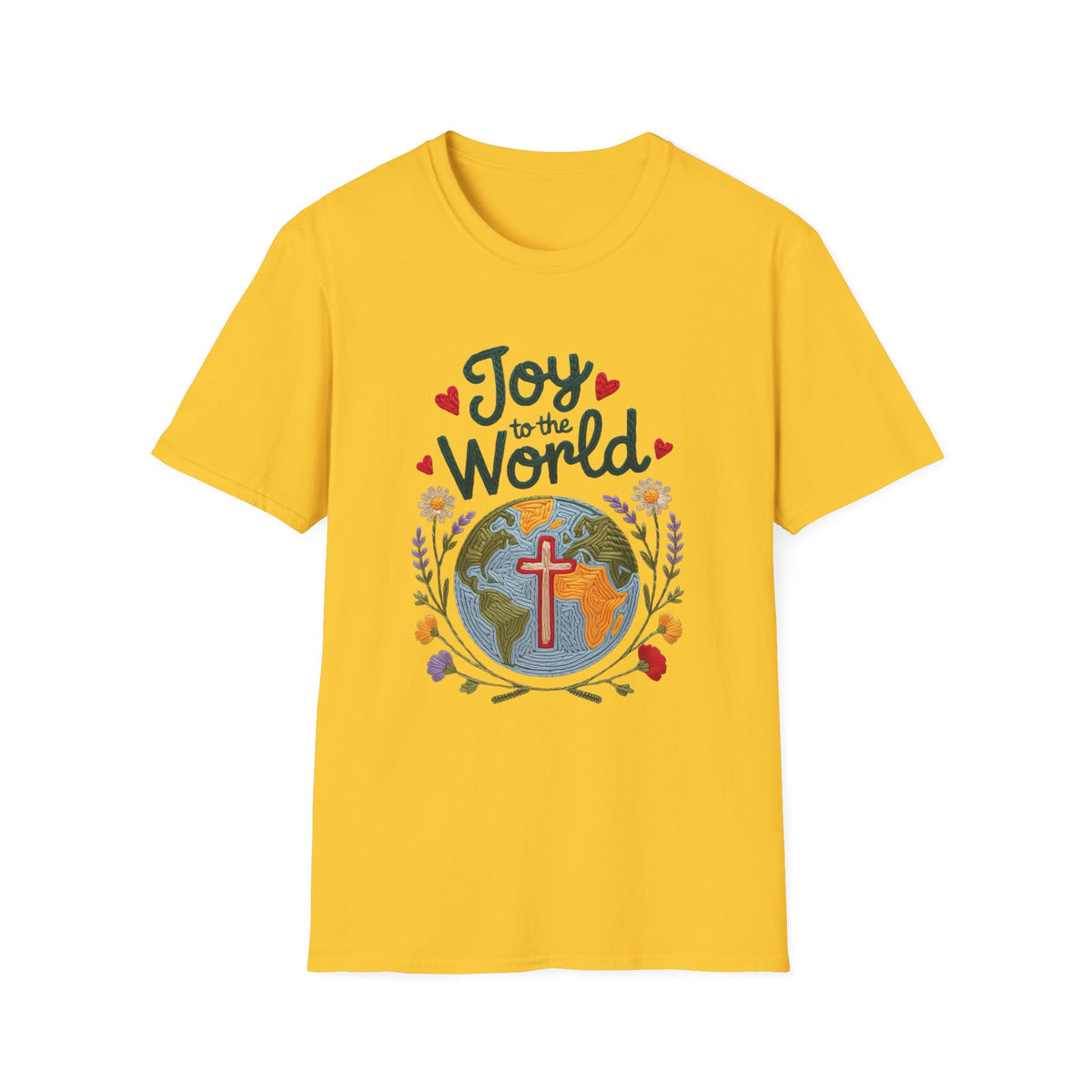 Joy to the World Christmas Tee Faux Embroidery Christian T-Shirt