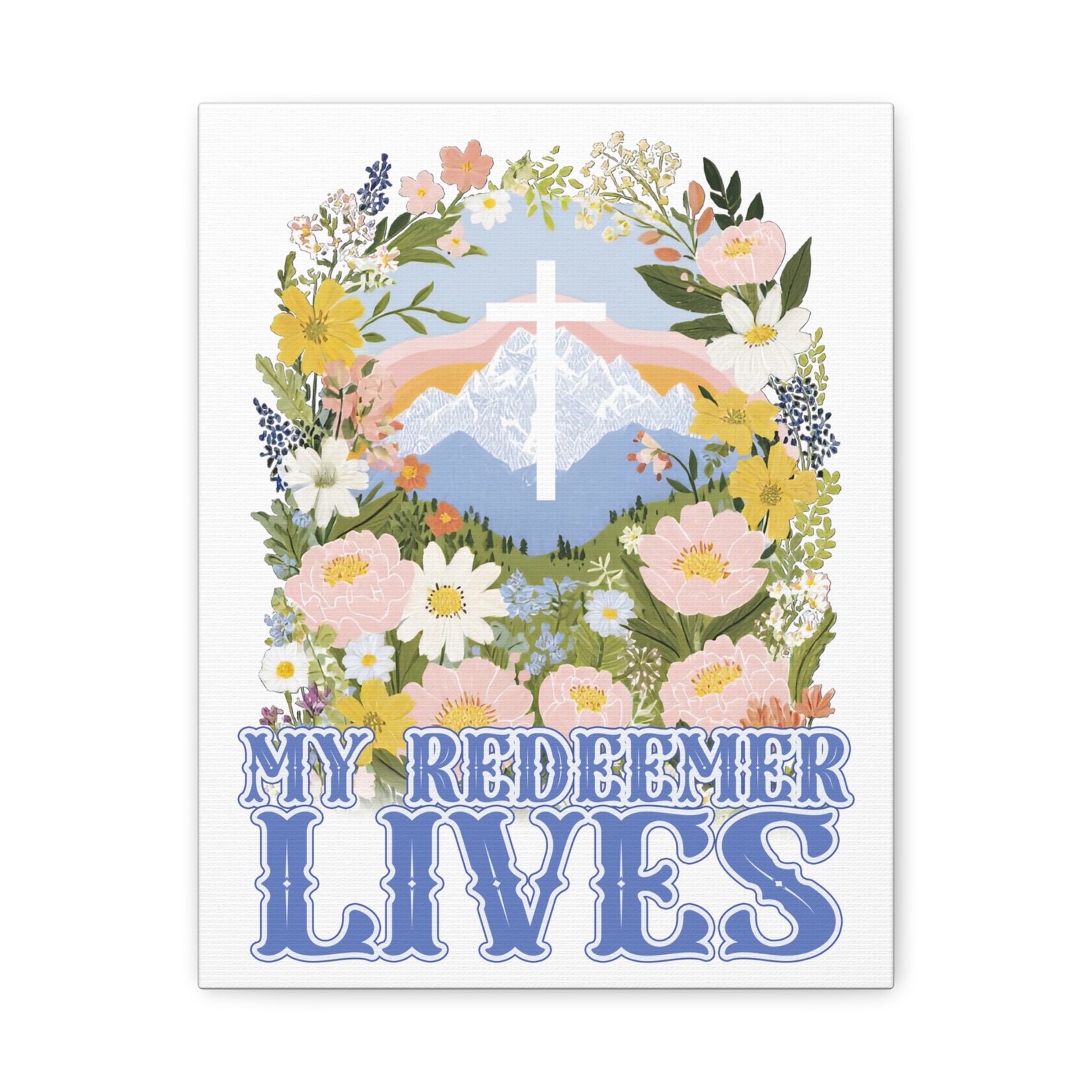 My Redeemer Lives Canvas Wall Art Floral Cross Christian Inspirational Print