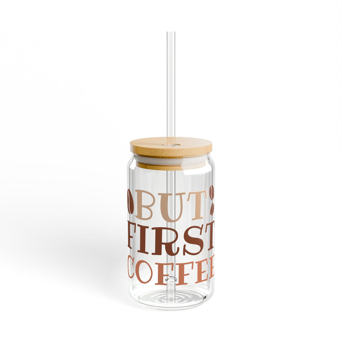 But First Coffee Sipper Glass 16oz Reusable Drink Jar with Lid & Straw