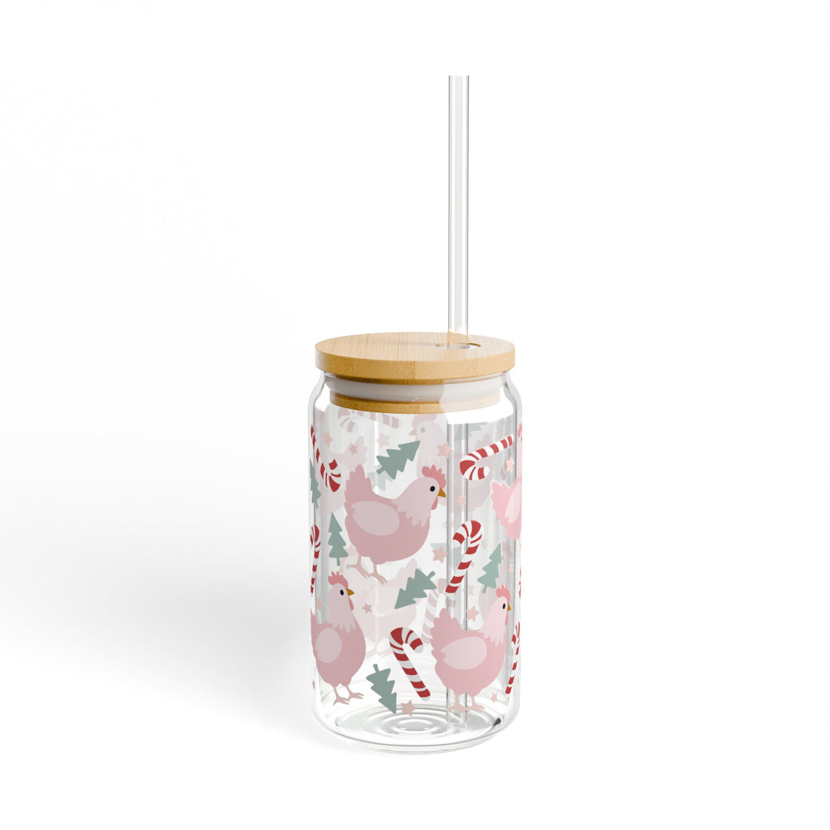 Christmas Chickens Sipper Glass 16oz Reusable Drink Jar with Lid & Straw