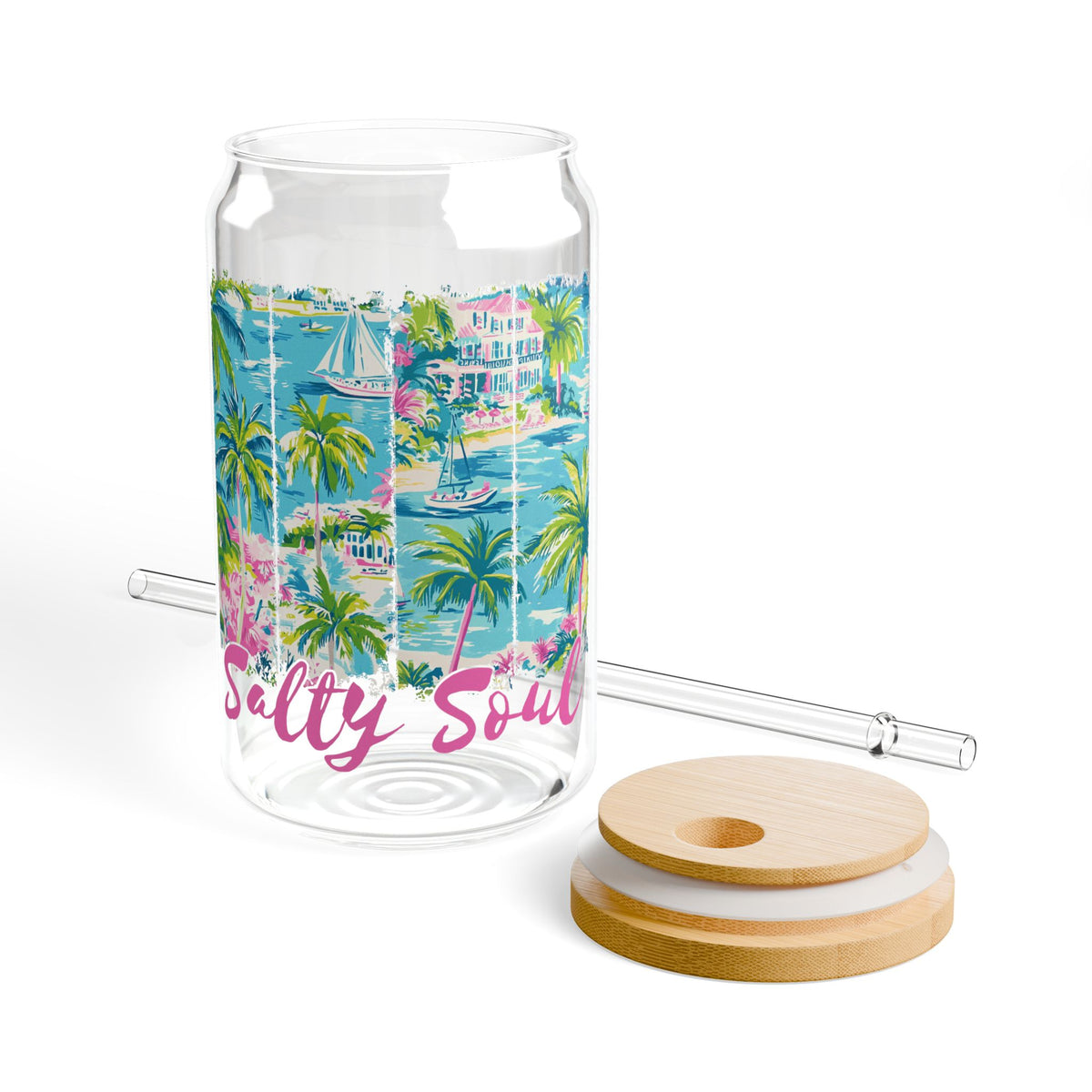 Salty Soul Tropical Beach Sipper Glass 16oz Reusable Drink Jar with Lid & Straw