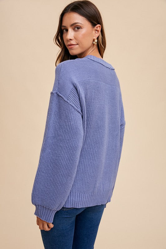 Annie Wear Half Button Ribbed Hem Sweater - Sydney So Sweet