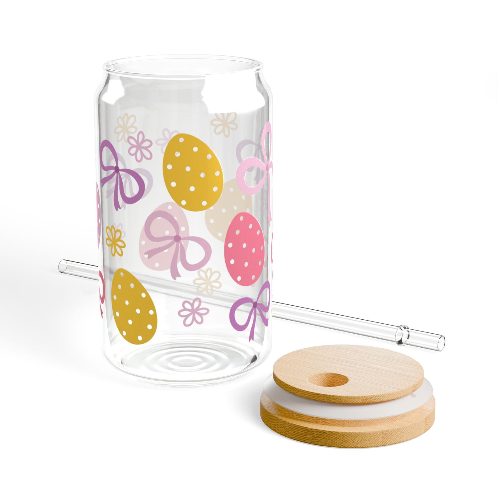 Easter Bows Tumbler Sipper Glass 16oz — Reusable Drink Jar with Lid & Straw