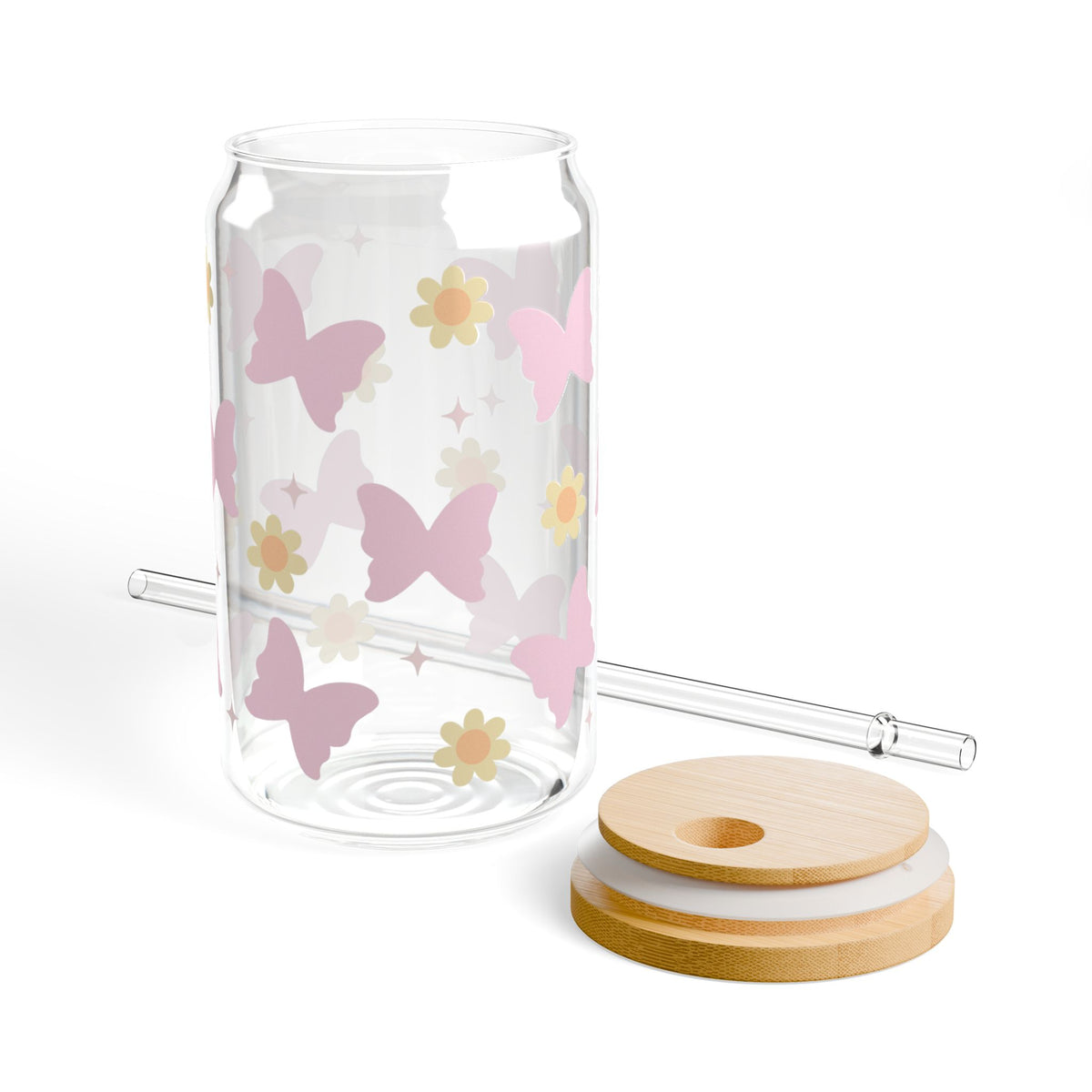 Boho Butterfly & Floral Sipper Glass 16oz — Reusable Drink Jar with Lid & Straw