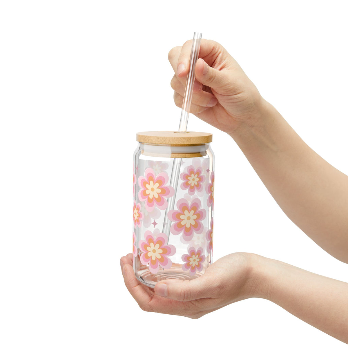 Groovy Flower Sipper Glass 16oz — Reusable Drink Jar with Lid & Straw