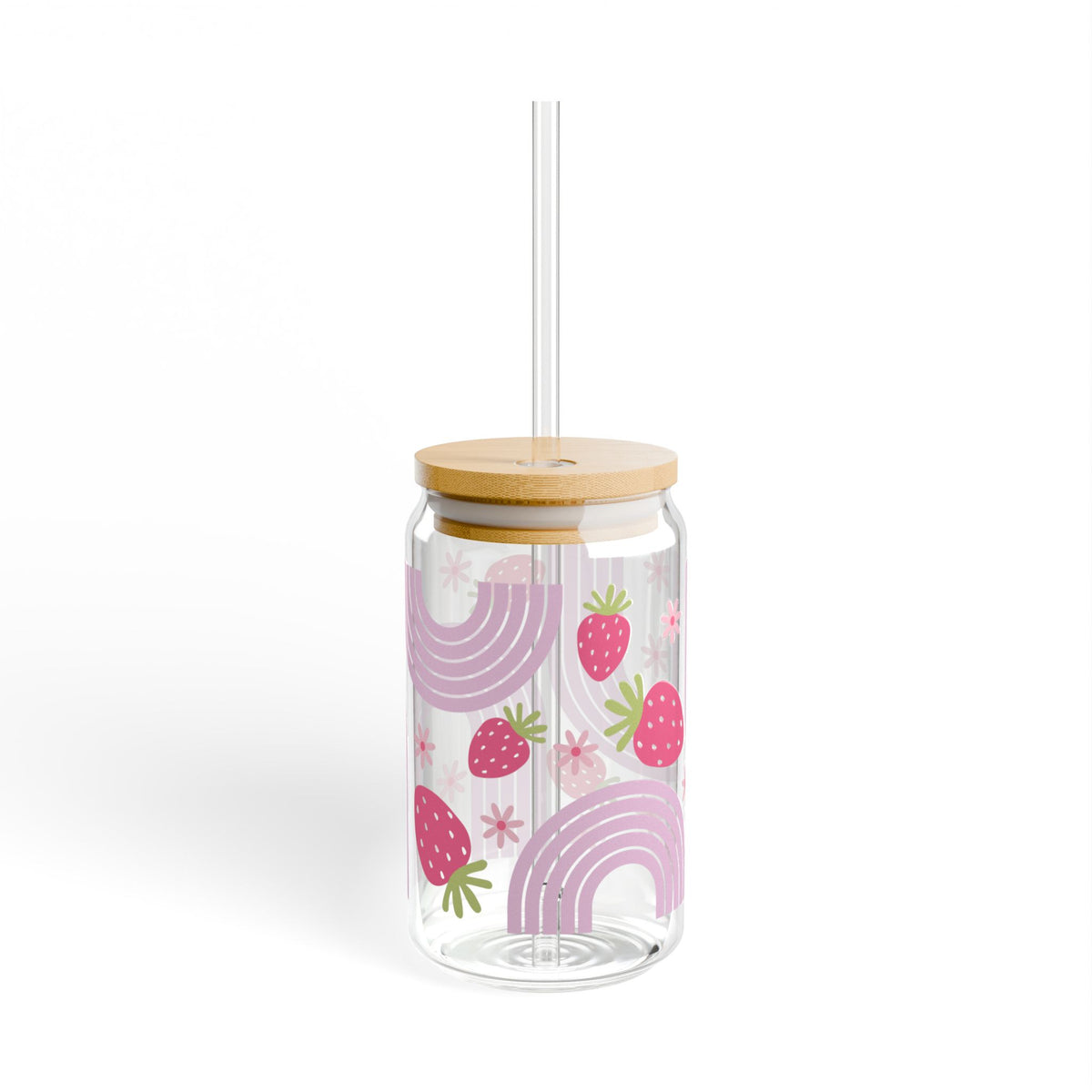 Wild Strawberry Tumbler Sipper Glass 16oz — Reusable Drink Jar with Lid & Straw