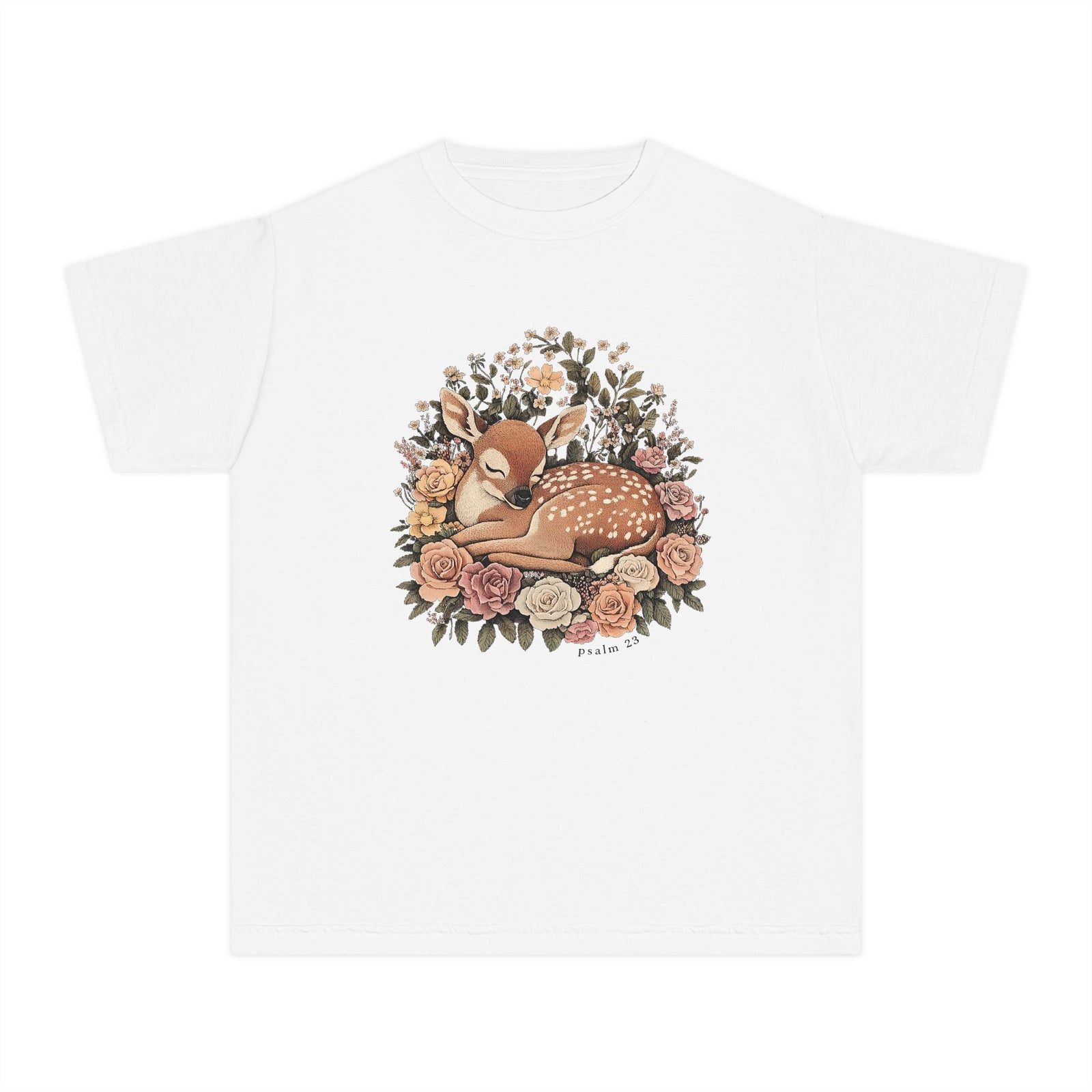 Sleeping Fawn Floral T-Shirt Psalm 23 Inspirational Kids Christian Tee