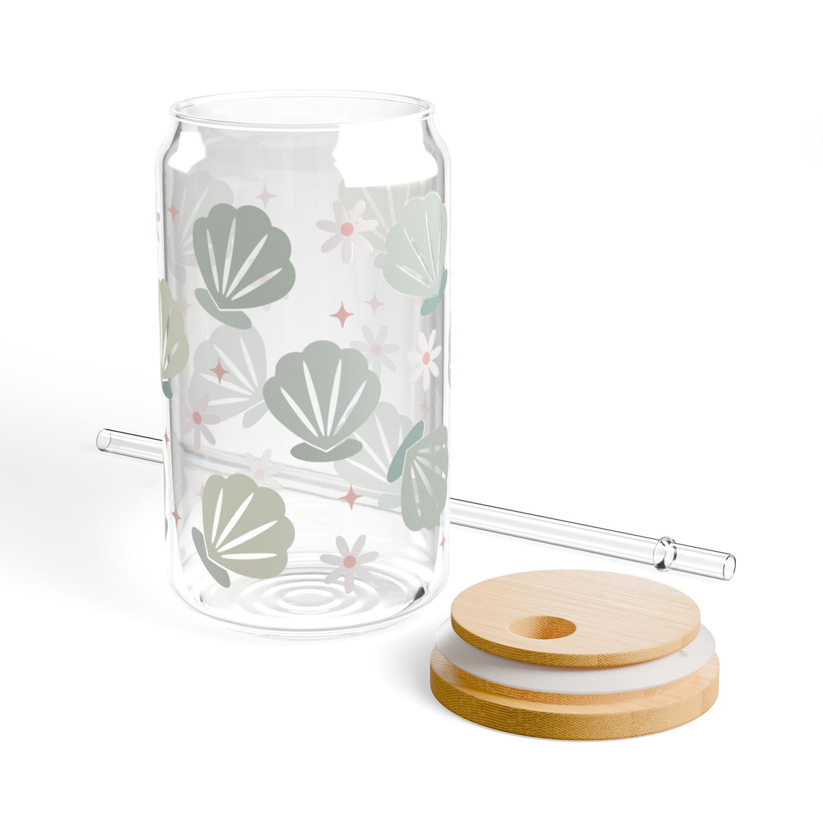 Floral & Seashell Mint Sipper Glass 16oz — Reusable Drink Jar with Lid & Straw