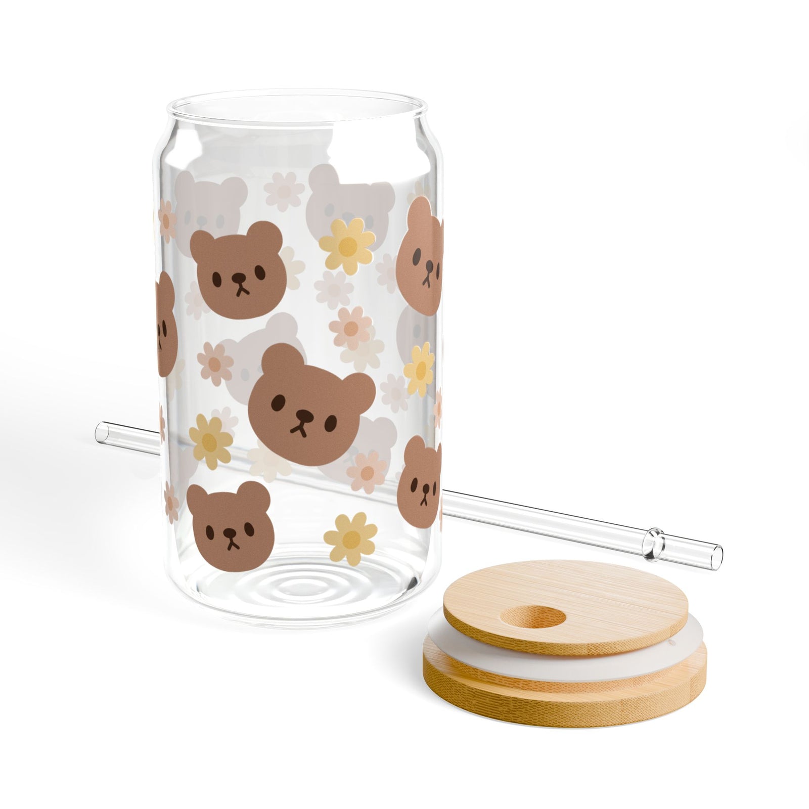 Teddy Bear Daisy Tumbler Sipper Glass 16oz — Reusable Drink Jar with Lid & Straw - Sydney So Sweet
