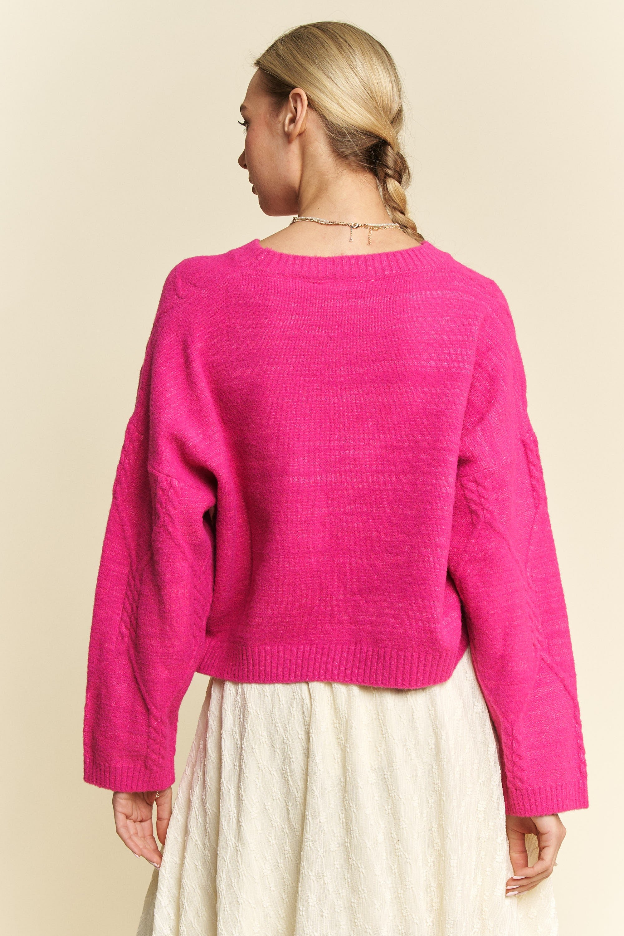 Davi & Dani Diamond Cable Pattern Drop Shoulder Sweater - Sydney So Sweet