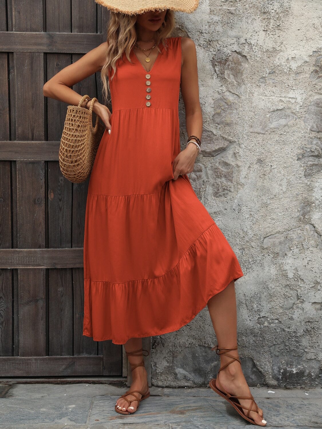 Decorative Button Notched Sleeveless Dress - Sydney So Sweet