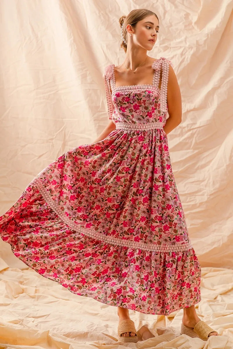 SO ME Floral Maxi Dress With Ribbon Tie Lace Strap - Sydney So Sweet