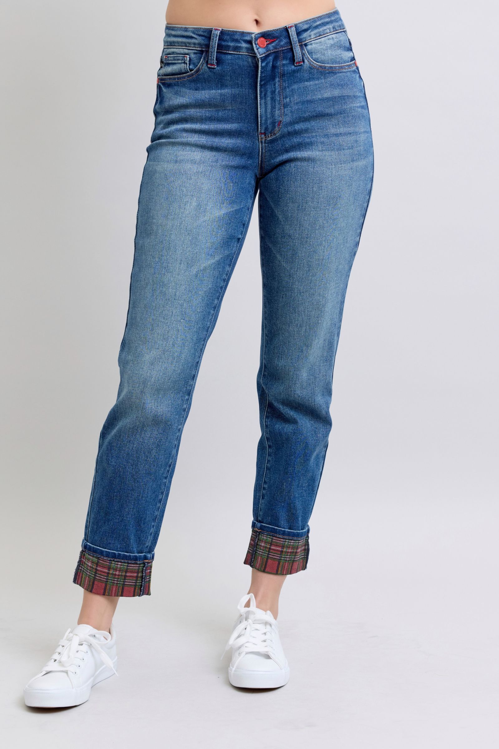 Judy Blue Full Size Plaid Print Cuff Straight Leg Jeans with Pockets - Sydney So Sweet