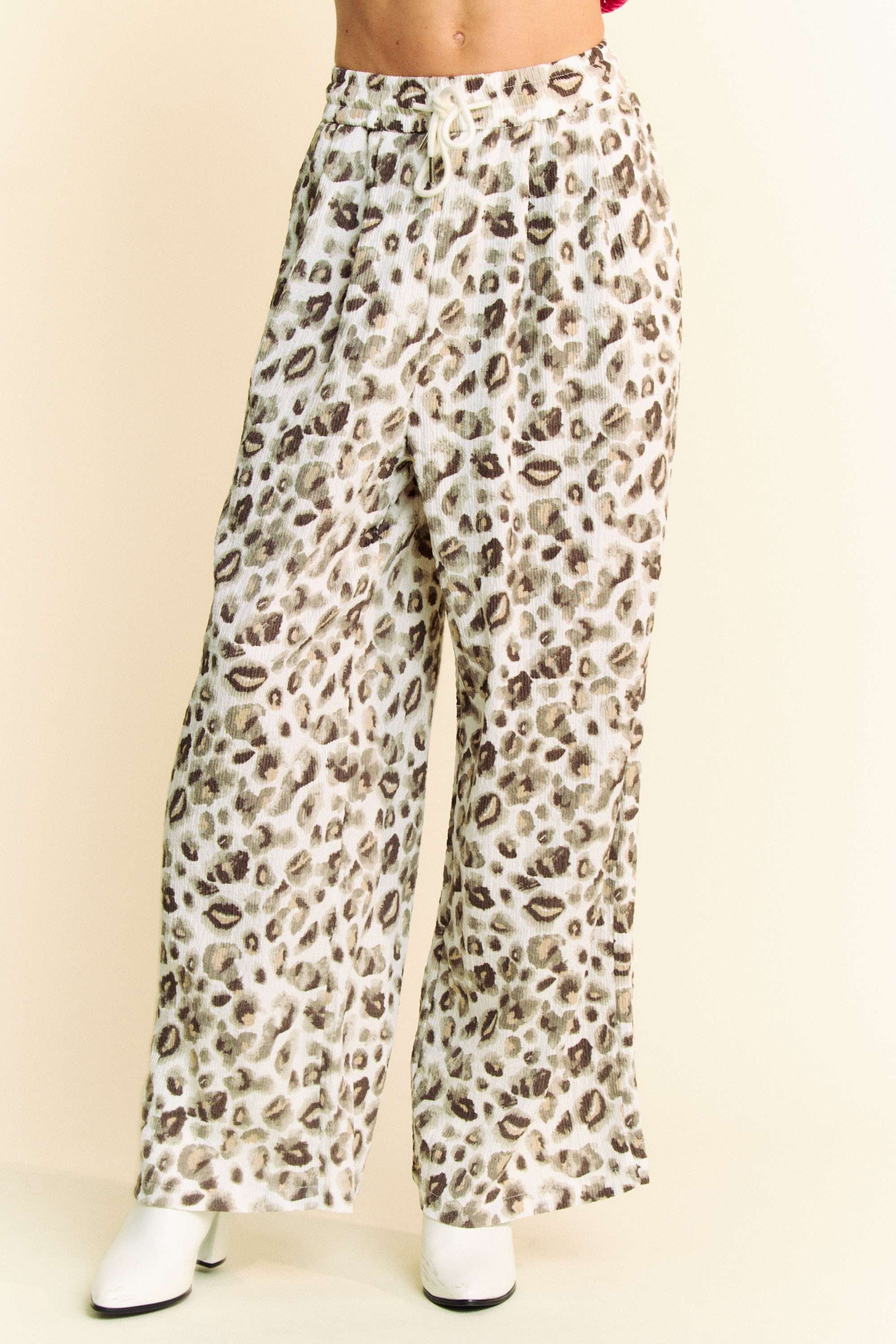 Davi & Dani Drawstring Leopard Wide Leg Pants - Sydney So Sweet