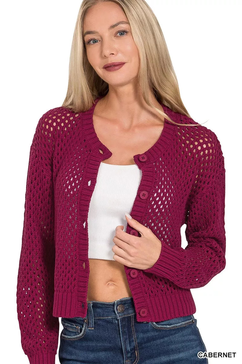 Zenana Button Down Lightweight Crochet Cardigan Sweater - Sydney So Sweet