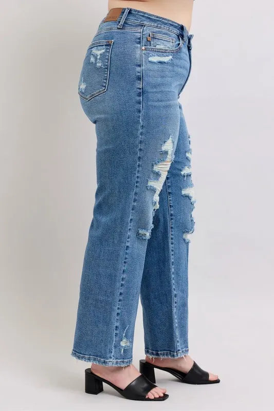 Judy Blue Full Size High Waist Heavy Destroy Straight Jeans Plus Size - Sydney So Sweet