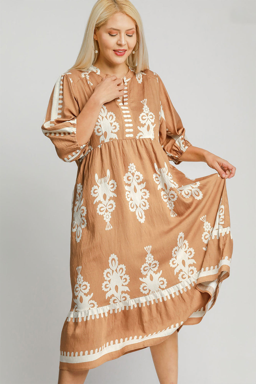 Umgee Full Size Printed Notched Midi Dress - Sydney So Sweet