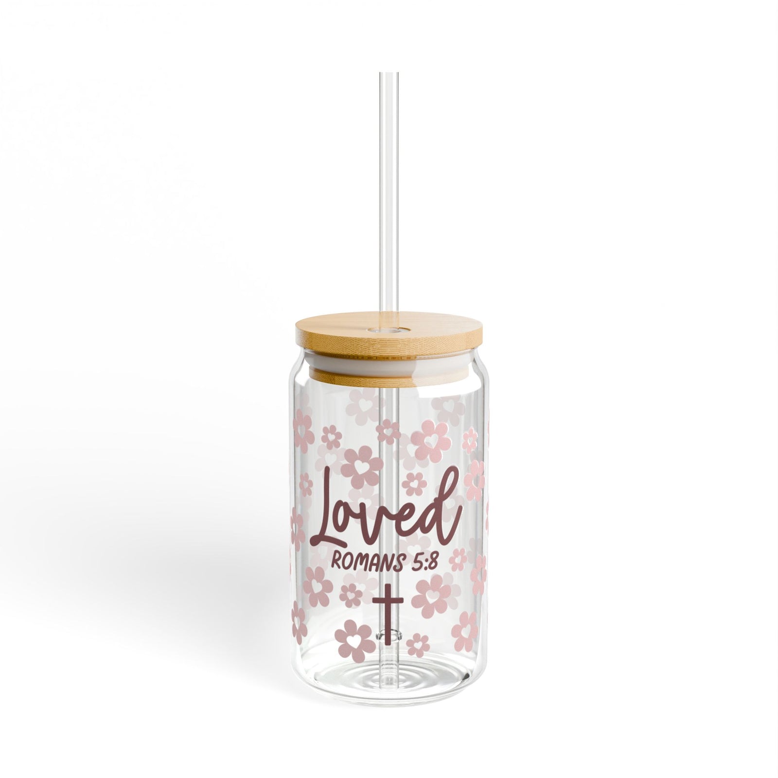 Loved Romans 5:8 Floral Christian Tumbler Sipper Glass 16oz — Reusable Drink Jar with Lid & Straw