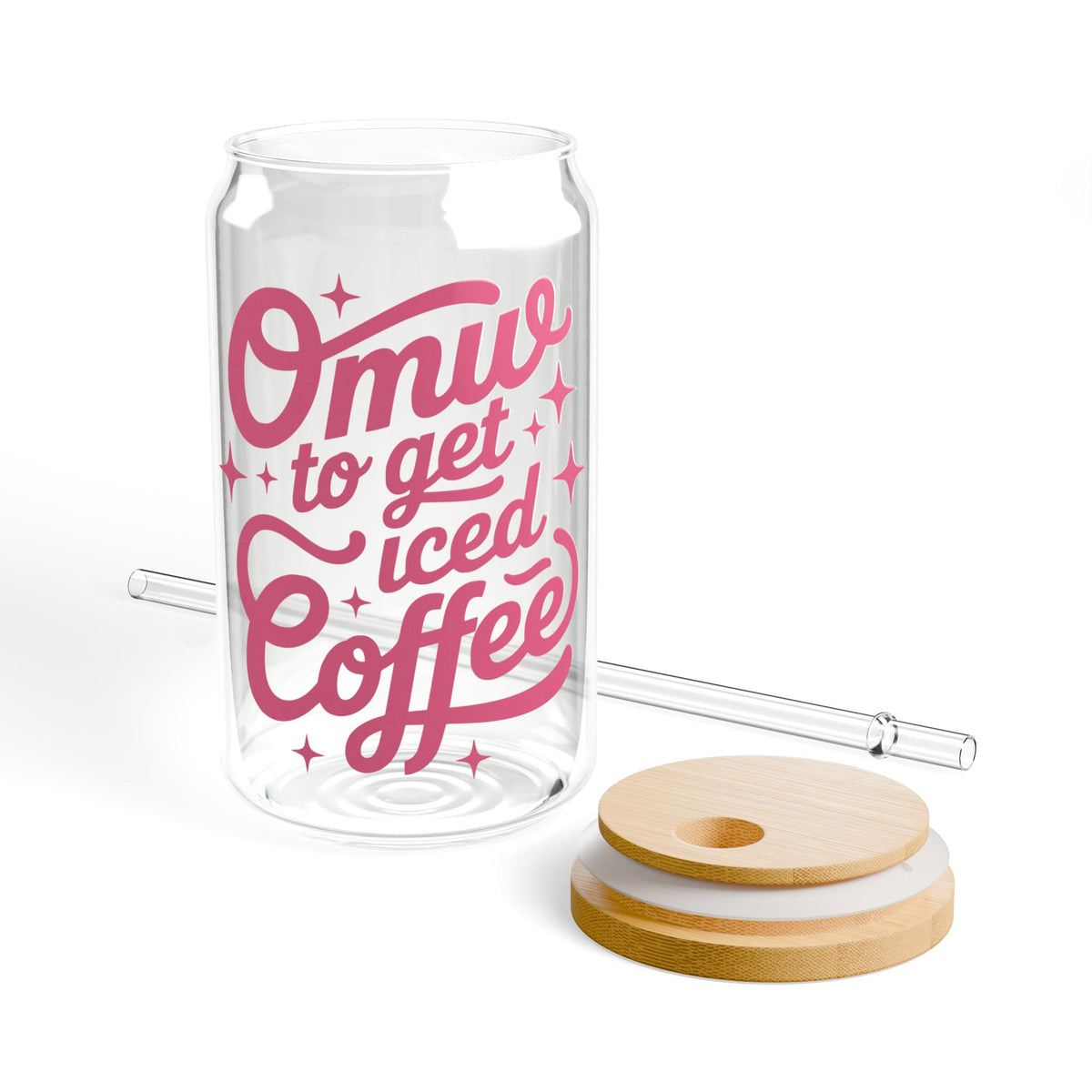 OMW to Get Iced Coffee Retro Pink Script Sipper Glass 16oz Reusable Drink Jar with Lid & Straw