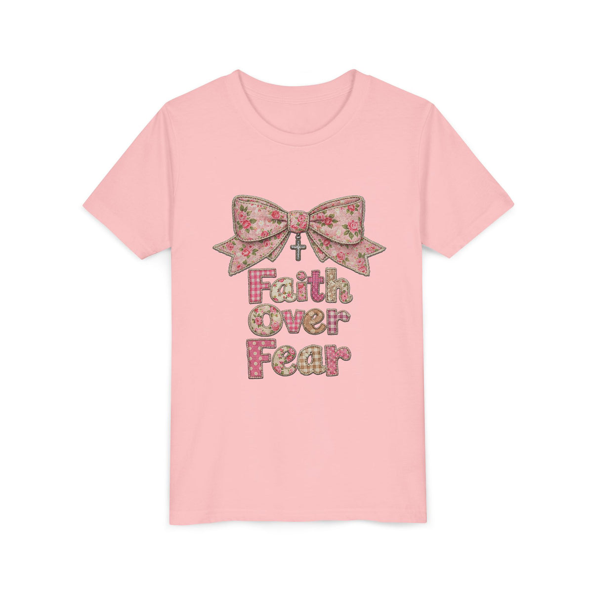 Faith Over Fear Coquette Bow Kids T-Shirt Cute Pink Christian Graphic Tee