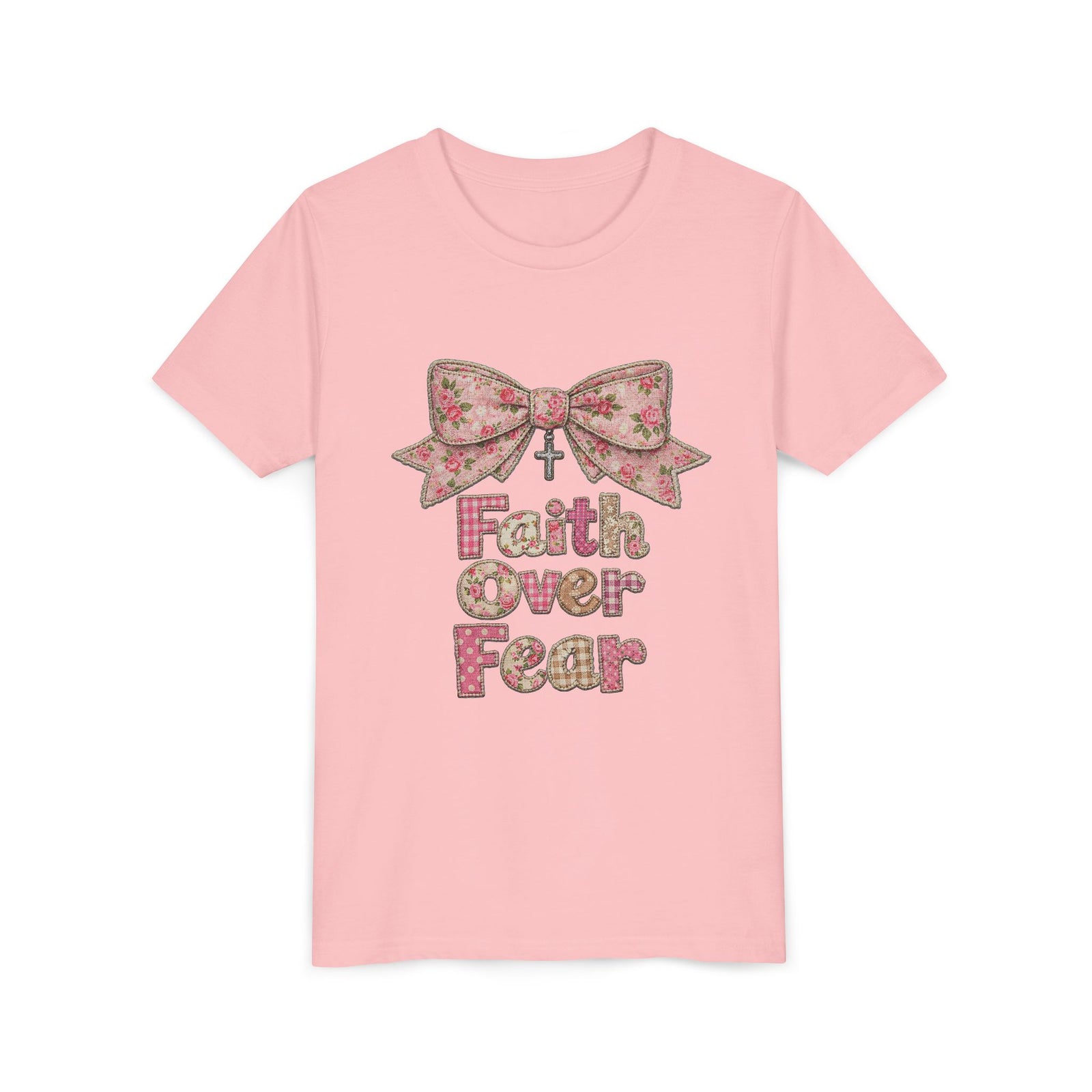 Faith Over Fear Coquette Bow Kids T-Shirt Cute Pink Christian Graphic Tee