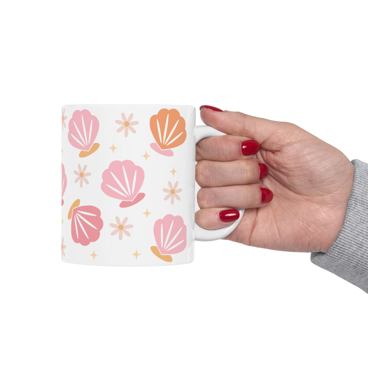 Sea Shell Pattern Ceramic Mug — Pink & Peach Seashell Coffee Cup (11oz/15oz)