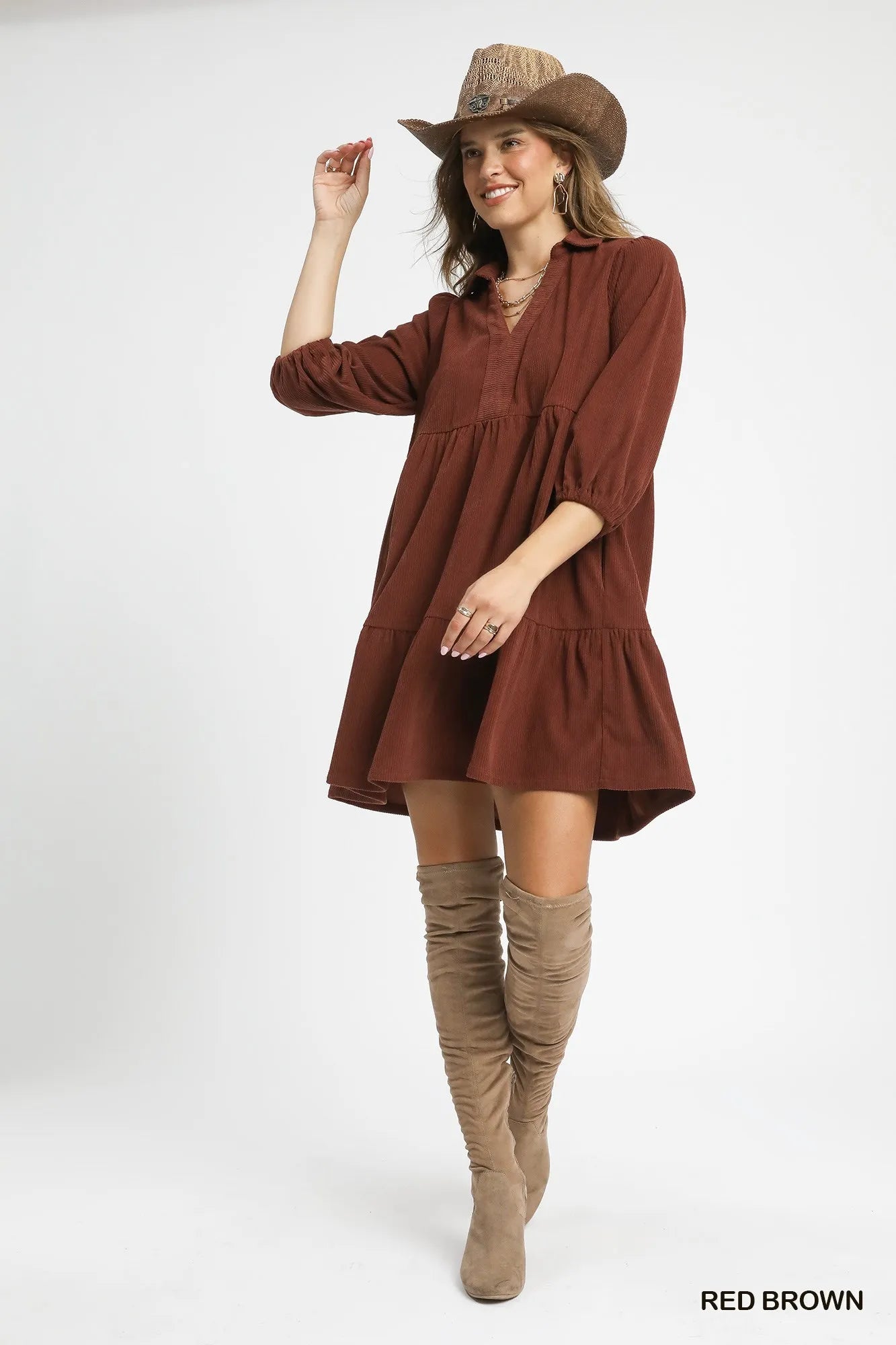 Umgee Tiered Corduroy Mini Dress with Balloon Sleeves - Sydney So Sweet