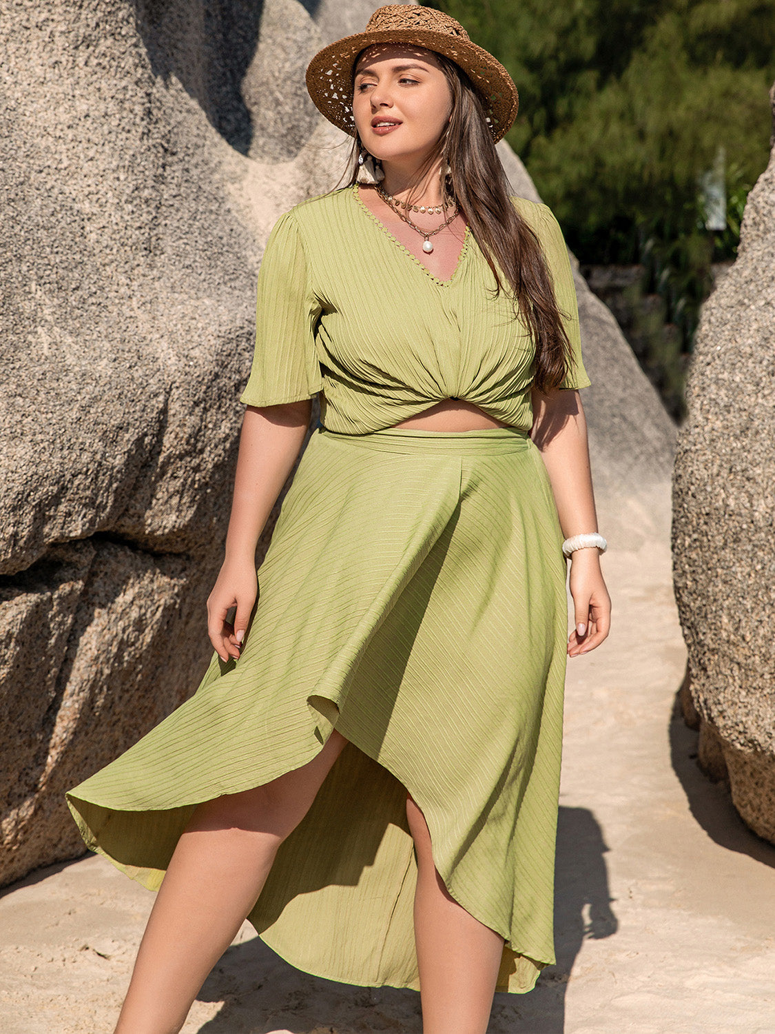 Plus Size V-Neck Half Sleeve Top and High-Low Skirt Set - Sydney So Sweet