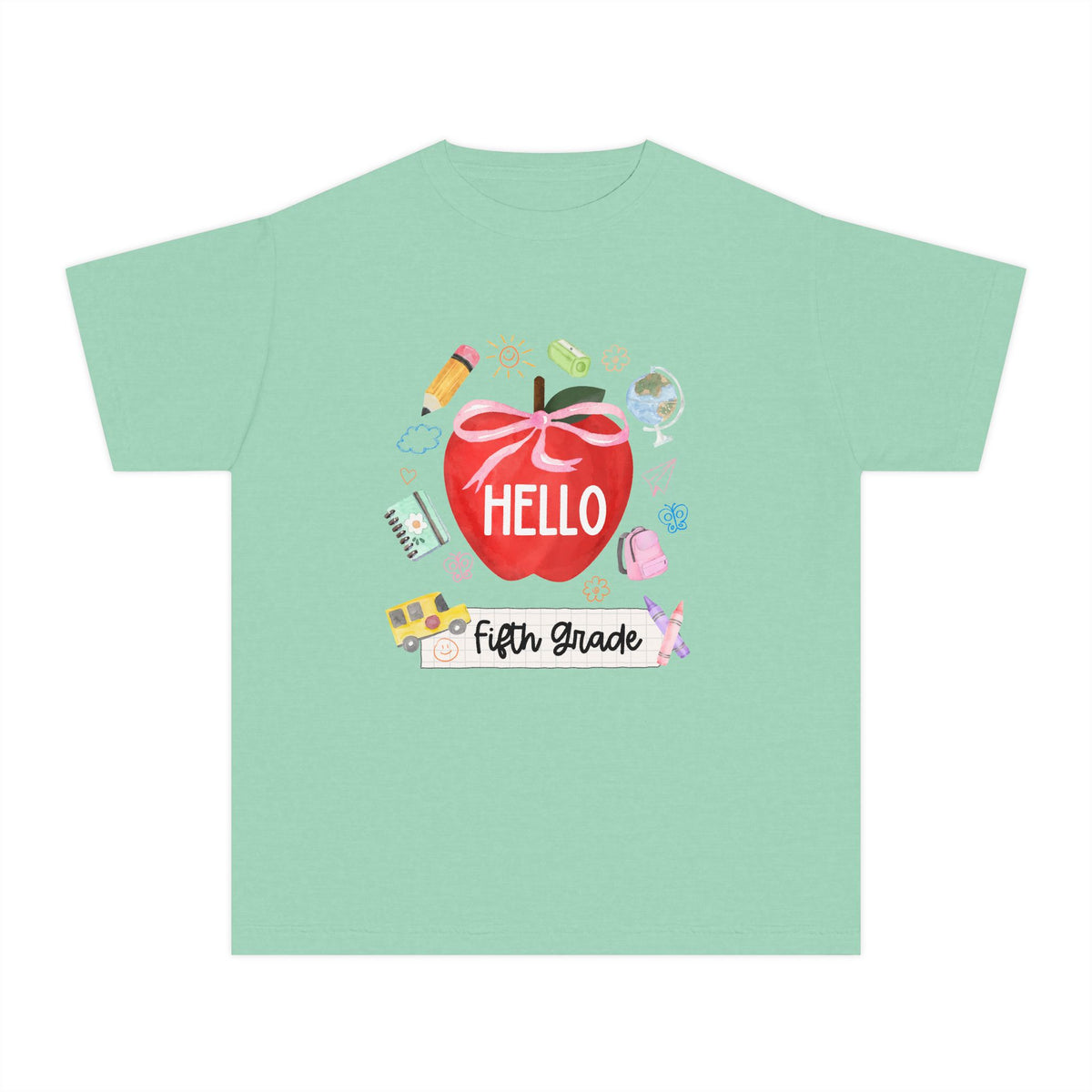 Hello Fifth Grade Preppy Coquette Apple Graphic Tee Back to School 5th Grade T-Shirt