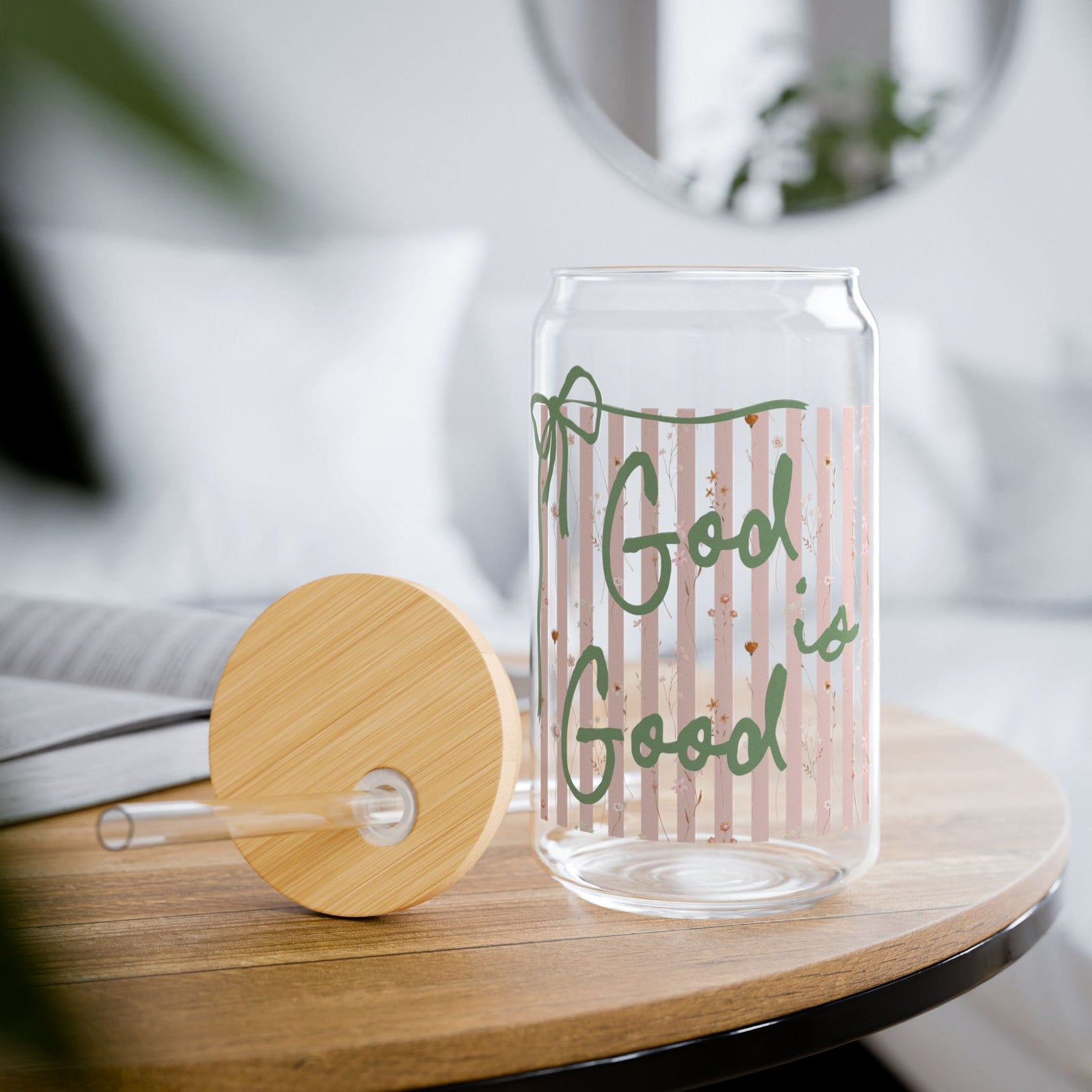 God is Good Pink Stripe Sipper Glass 16oz Reusable Drink Jar with Lid & Straw