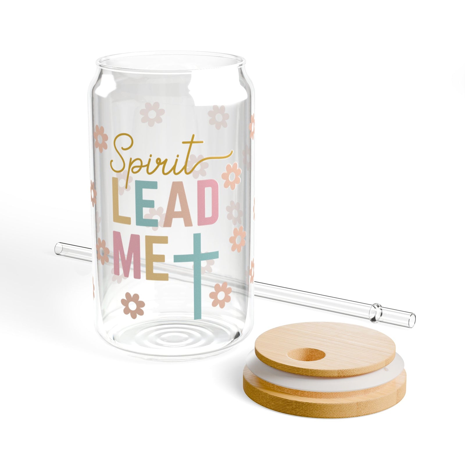 Spirit Lead Me Floral Christian Tumbler Sipper Glass 16oz — Reusable Drink Jar with Lid & Straw