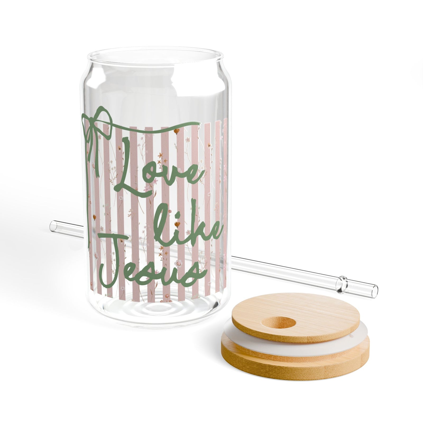 Love Like Jesus Pink Stripe Sipper Glass 16oz Reusable Drink Jar with Lid & Straw