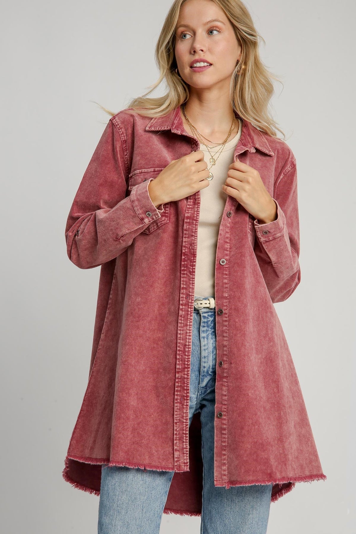 Umgee Raw Hem Button Down Denim Jacket with Chest Pockets - Sydney So Sweet