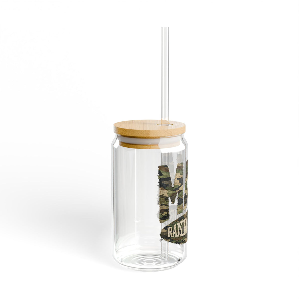 Mama Raising Warriors Camouflage Sipper Glass 16oz Reusable Drink Jar with Lid & Straw
