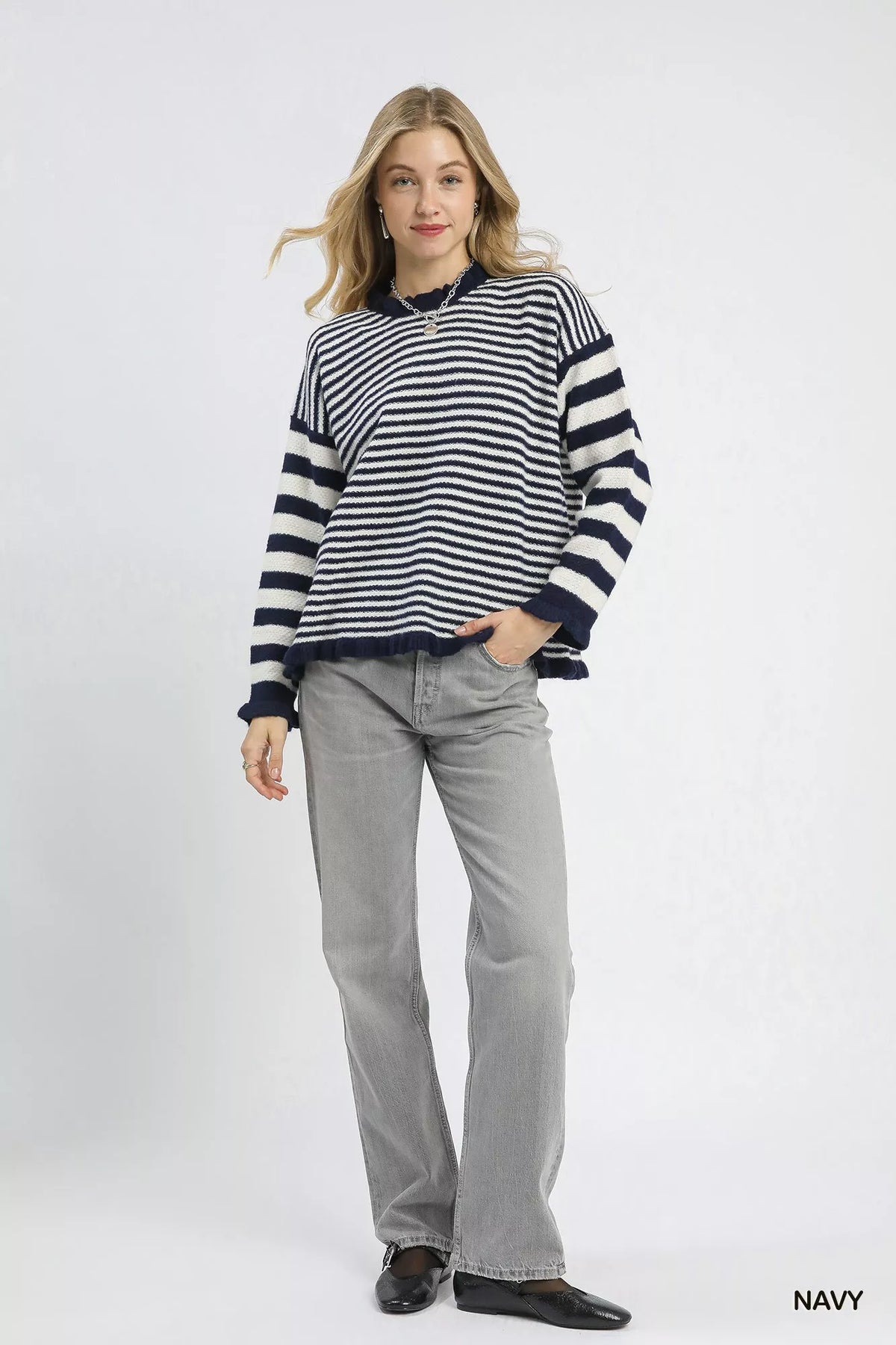Umgee Ruffle Neck Stripe Sweater - Sydney So Sweet