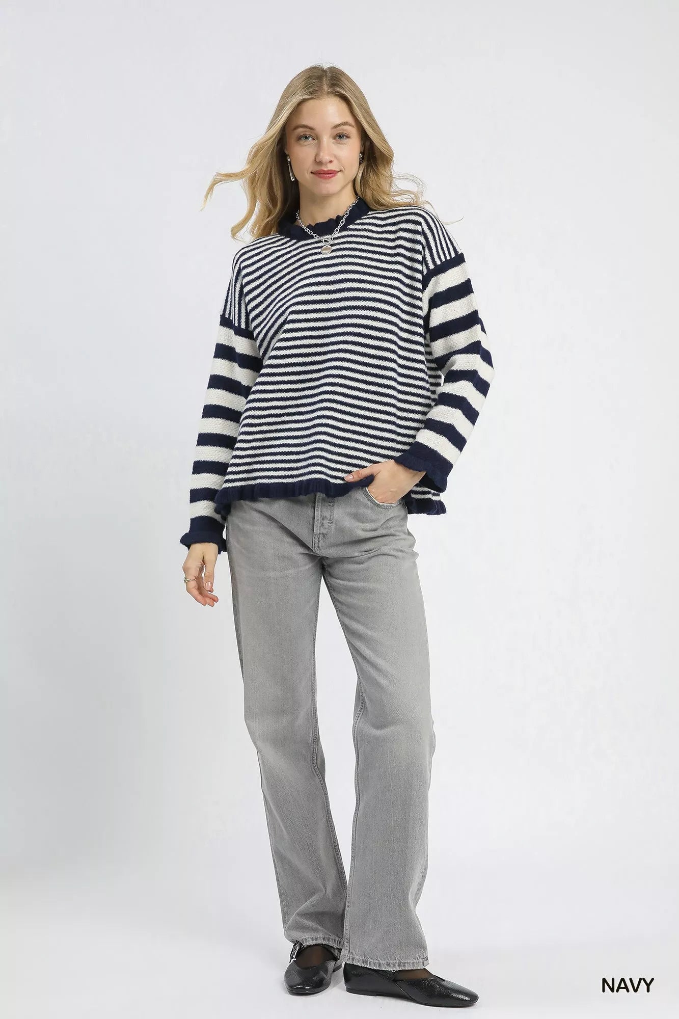 Umgee Ruffle Neck Stripe Sweater - Sydney So Sweet