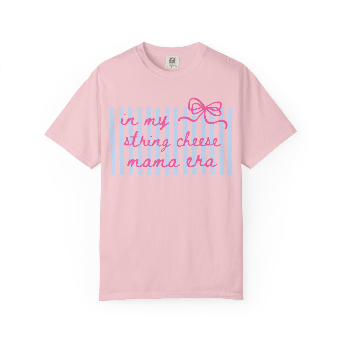 In My String Cheese Mama Era T-Shirt Cute Pink Bow & Blue Stripe Graphic Tee