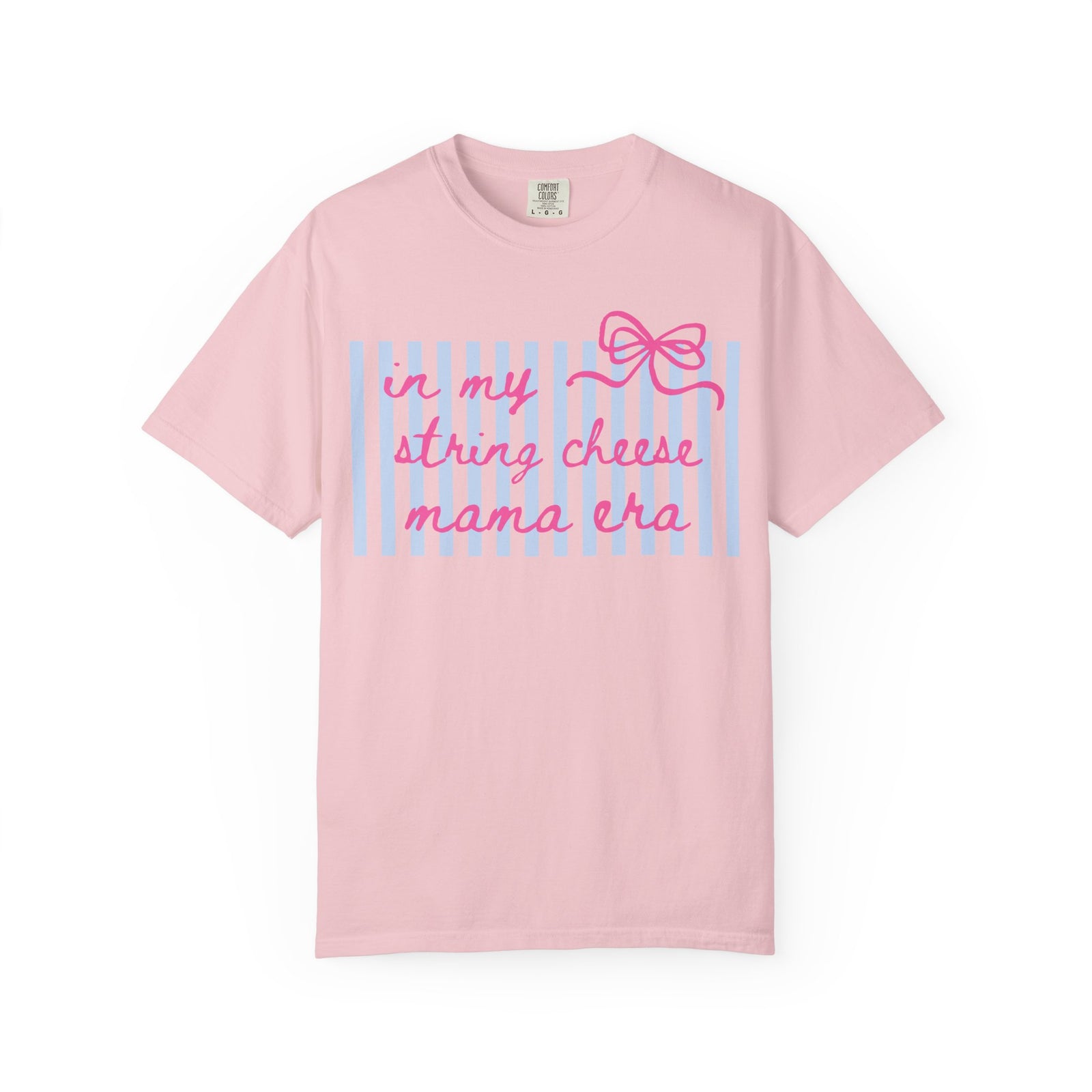 In My String Cheese Mama Era T-Shirt Cute Pink Bow & Blue Stripe Graphic Tee