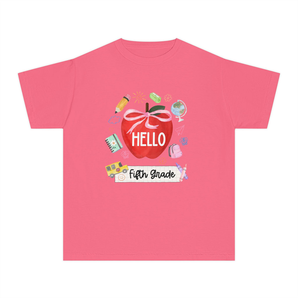Hello Fifth Grade Preppy Coquette Apple Graphic Tee Back to School 5th Grade T-Shirt