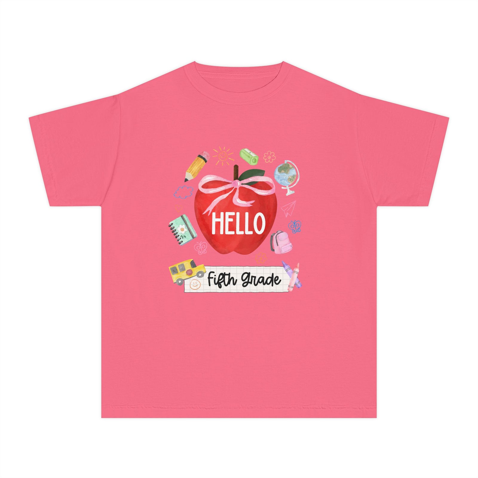 Hello Fifth Grade Preppy Coquette Apple Graphic Tee Back to School 5th Grade T-Shirt