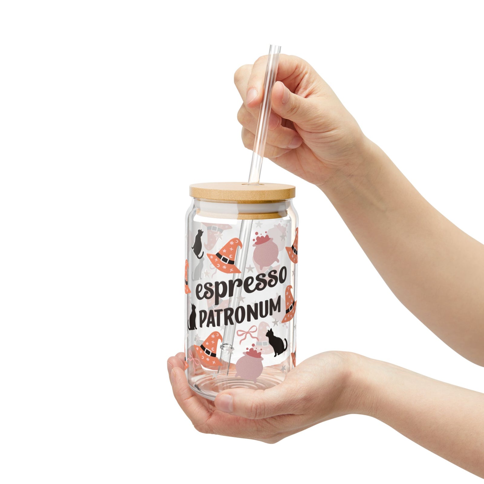 Espresso Patronum Halloween Brew Sipper Glass 16oz Reusable Drink Jar with Lid & Straw