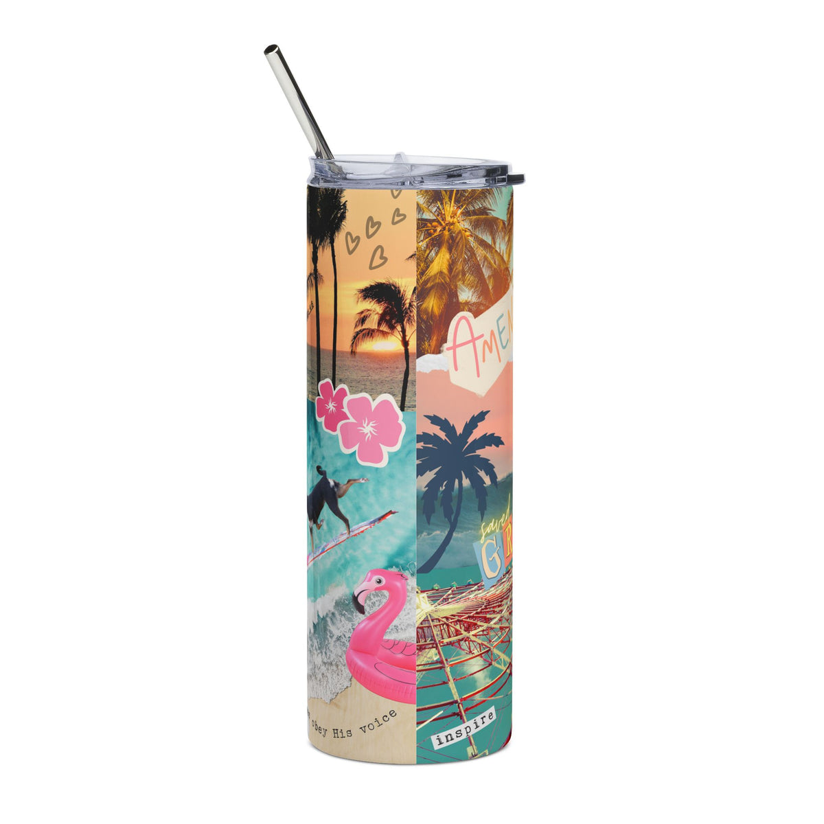 Saved By Grace Beach 20oz Stainless Tumbler Retro Beach Collage Water Bottle