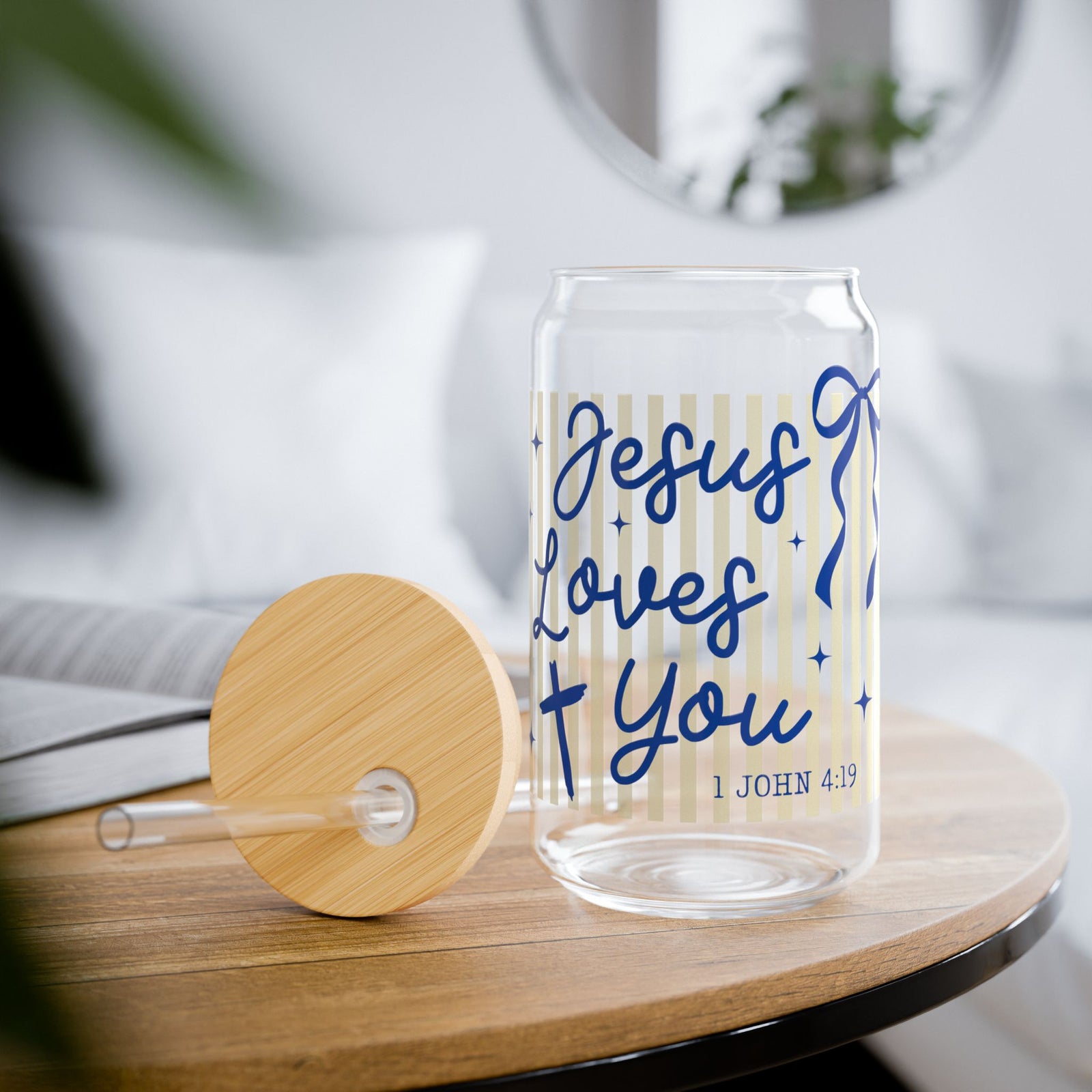 Jesus Loves You Sipper Glass Sipper Glass 16oz Reusable Drink Jar with Lid & Straw