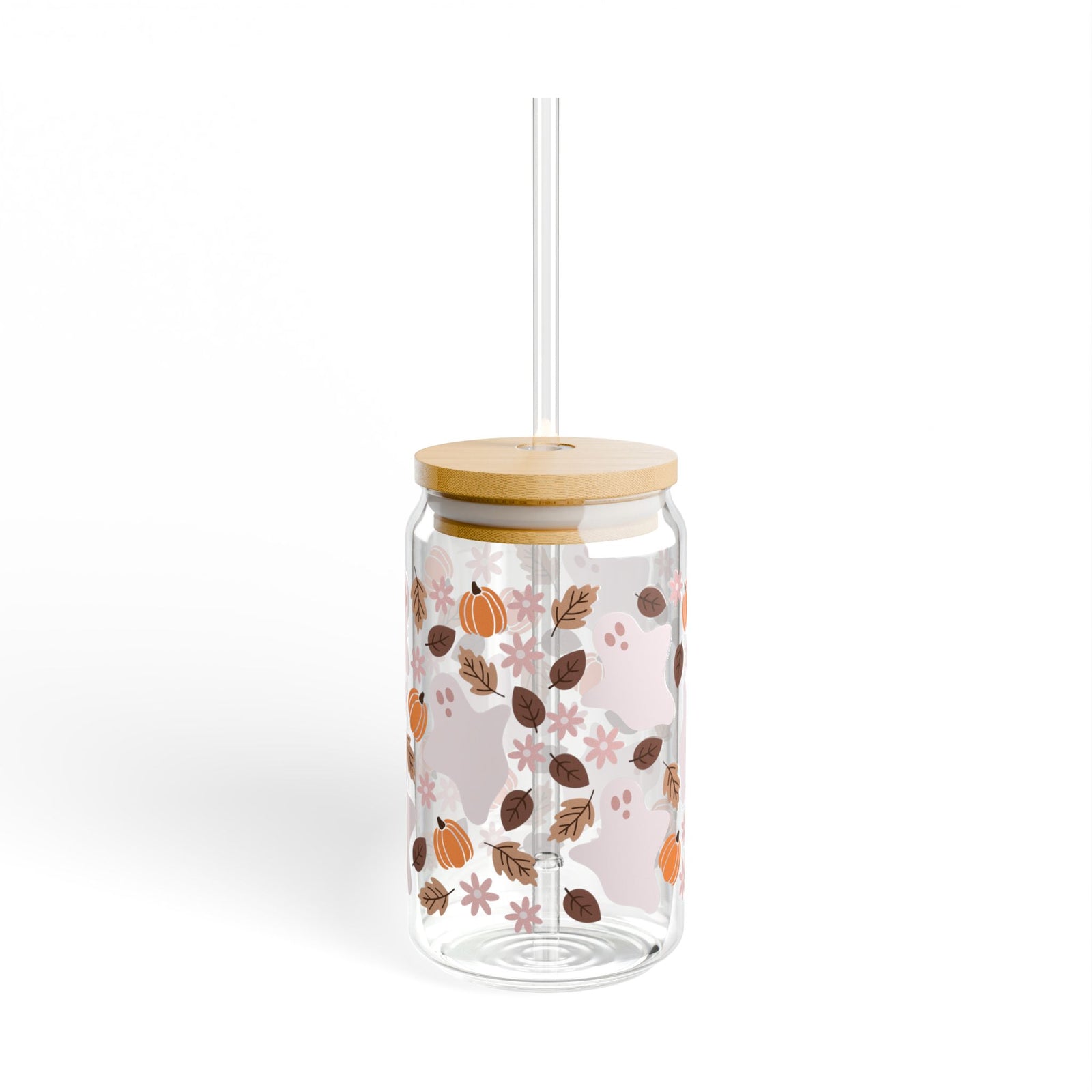 Fall Ghostie Pumpkin Floral Sipper Glass 16oz Reusable Drink Jar with Lid & Straw