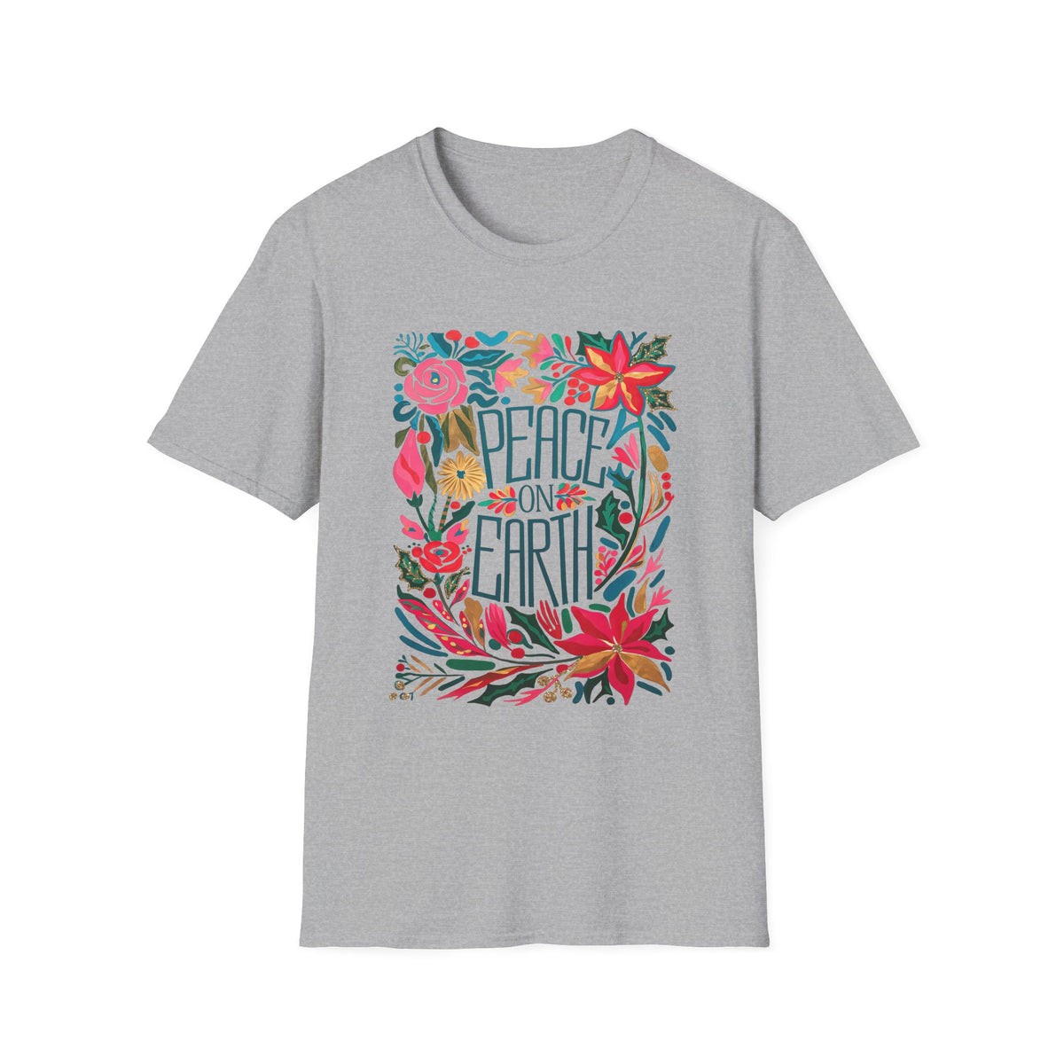 Peace on Earth Bright Christmas Florals Tee Graphic T-Shirt