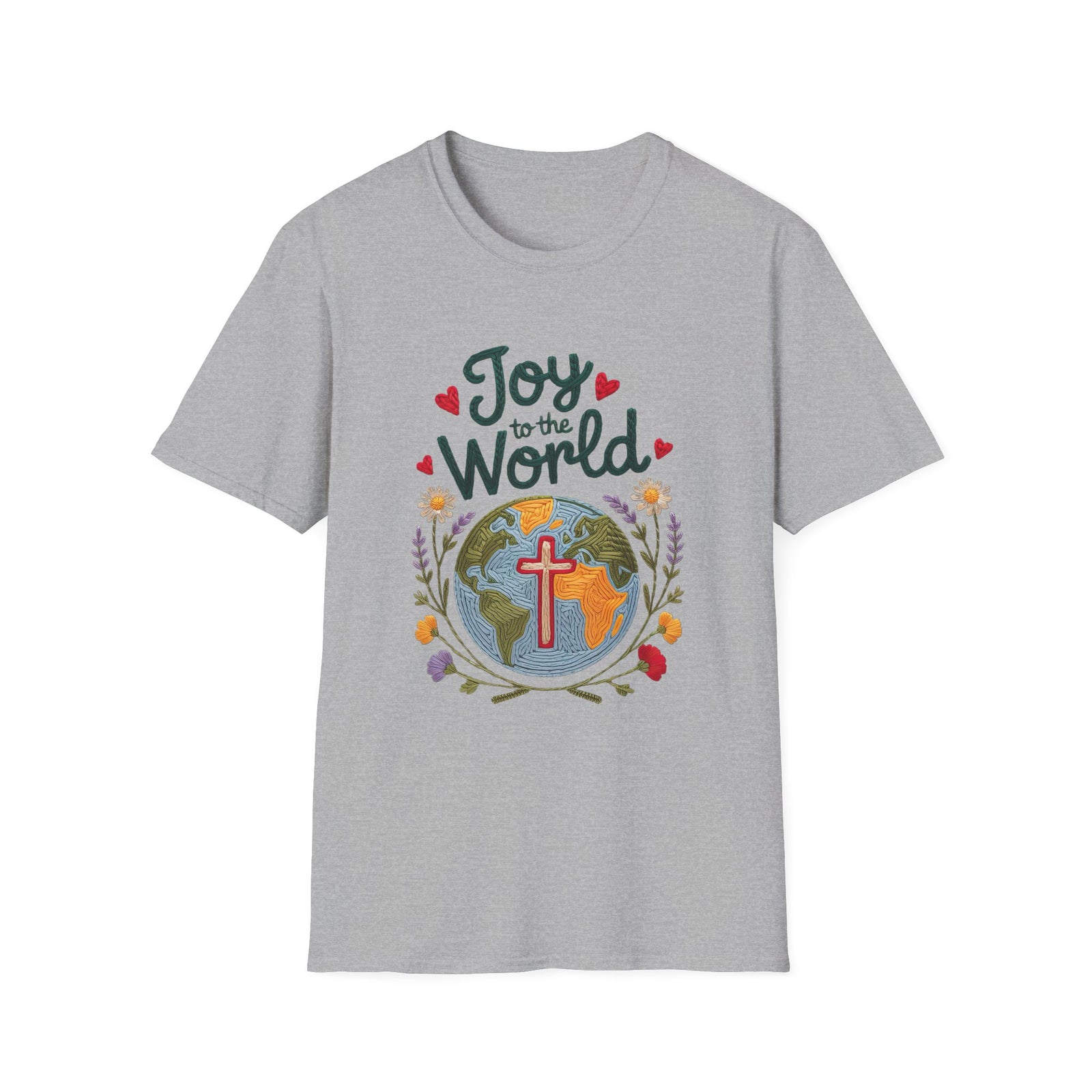 Joy to the World Christmas Tee Faux Embroidery Christian T-Shirt