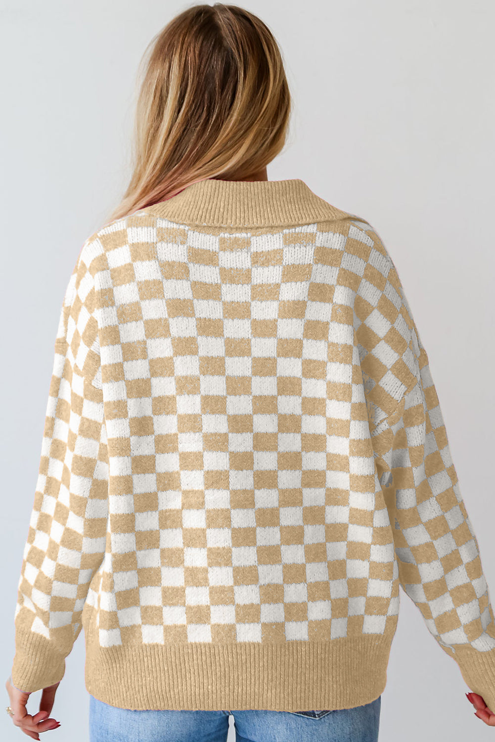 Checkered Collared Neck Long Sleeve Sweater - Sydney So Sweet