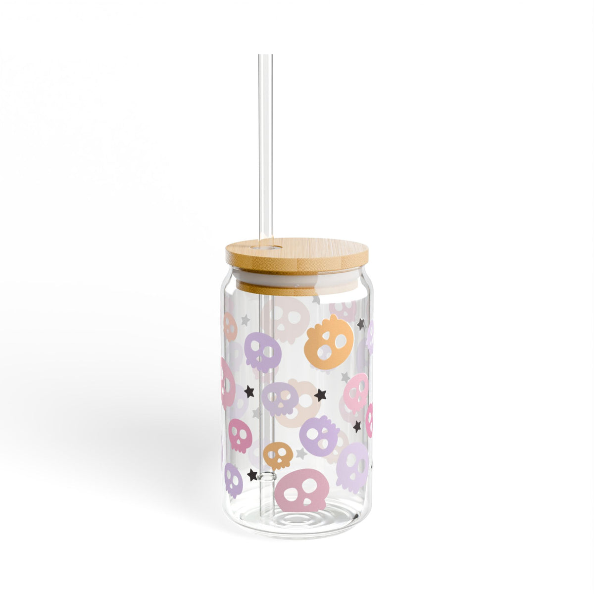 Spooky Pastel Skulls Halloween Sipper Glass 16oz Reusable Drink Jar with Lid & Straw